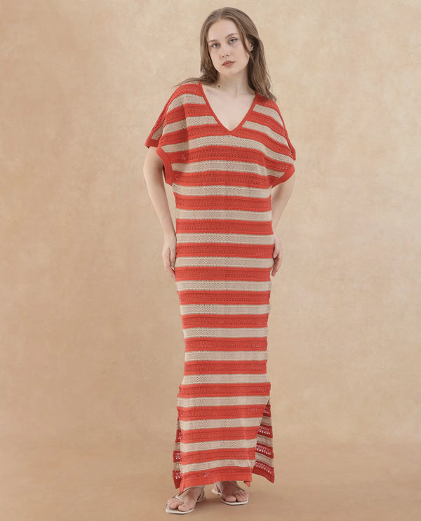 Rareism Women Haraya Orange Cotton Fabric Short Sleeves V-Neck Extended Sleeve Relaxed Fit Striped Midi Dress