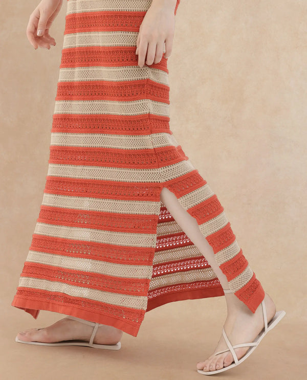 Rareism Women Haraya Orange Cotton Fabric Short Sleeves V-Neck Extended Sleeve Relaxed Fit Striped Midi Dress