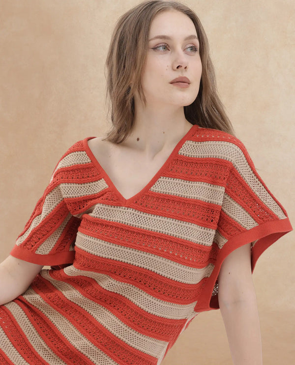 Rareism Women Haraya Orange Cotton Fabric Short Sleeves V-Neck Extended Sleeve Relaxed Fit Striped Midi Dress