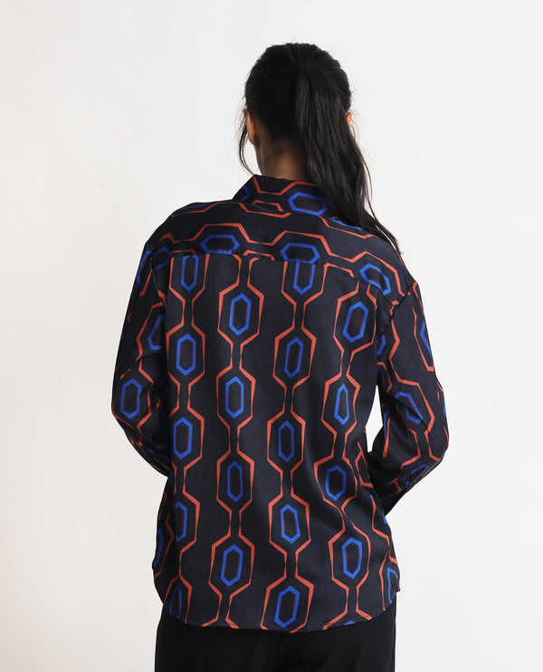 Rareism Women Harbe Black Polyester Fabric Full Sleeves Button Closure Shirt Collar Regular Fit Geometric Print Shirt
