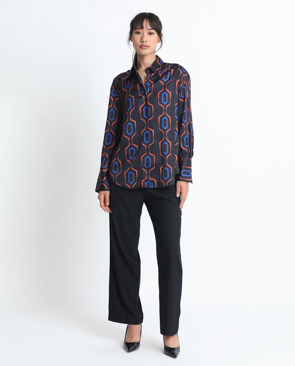 Rareism Women Harbe Black Polyester Fabric Full Sleeves Button Closure Shirt Collar Regular Fit Geometric Print Shirt