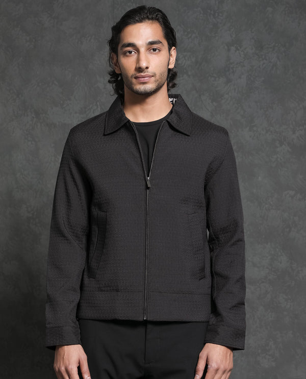 Rare Rabbit Men's Harbin Black Broad Collar Jacquard Jacket