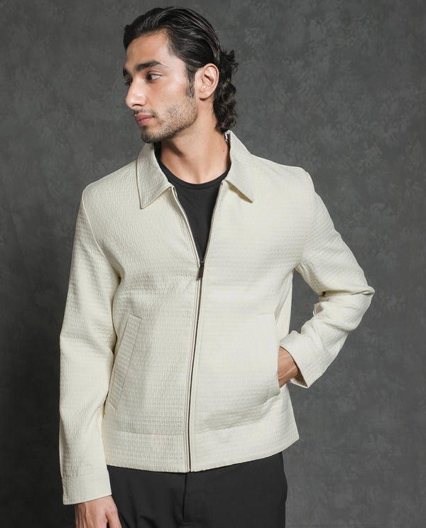 Rare Rabbit Men's Harbin Off-White Broad Collar Jacquard Jacket