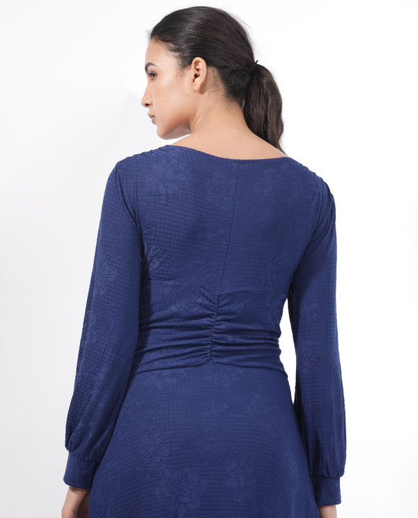 Rareism Women's Harpa Navy Polyester Fabric V-Neck Tie-Up Closure Bishop Sleeve Plain  Maxi Dress