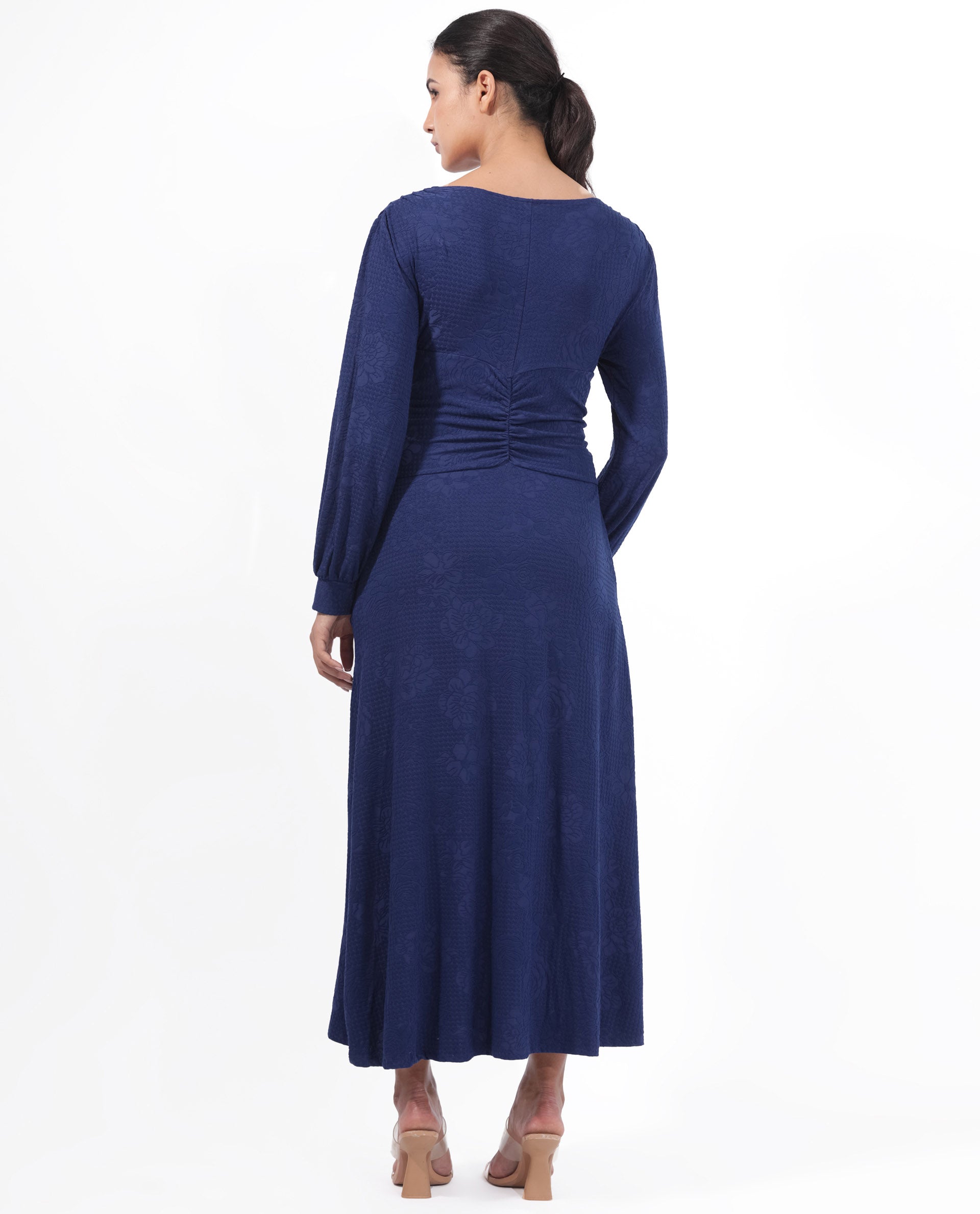 Rareism Women's Harpa Navy Polyester Fabric Full Sleeves Tie-Up Closure V-Neck Bishop Sleeve Regular Fit Plain Maxi A-Line Dress(XXS)