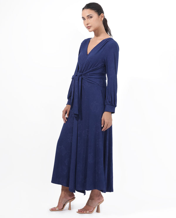Rareism Women's Harpa Navy Polyester Fabric V-Neck Tie-Up Closure Bishop Sleeve Plain  Maxi Dress