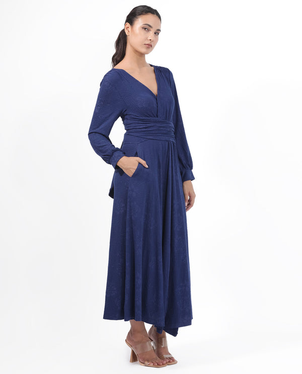 Rareism Women's Harpa Navy Polyester Fabric V-Neck Tie-Up Closure Bishop Sleeve Plain  Maxi Dress