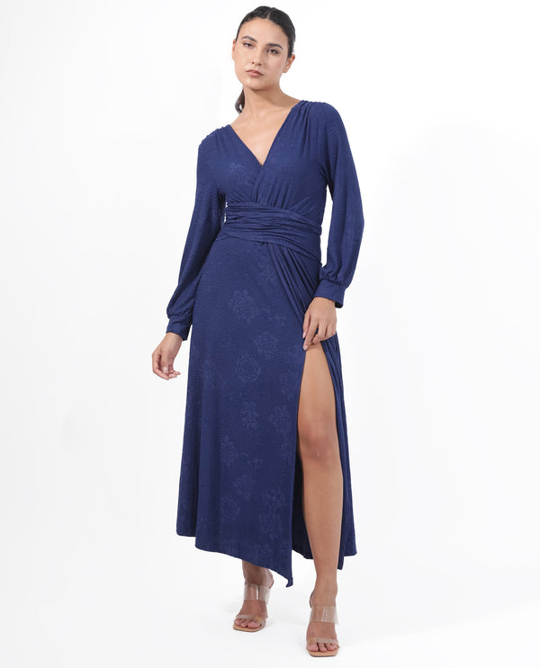 Rareism Women's Harpa Navy Polyester Fabric V-Neck Tie-Up Closure Bishop Sleeve Plain  Maxi Dress