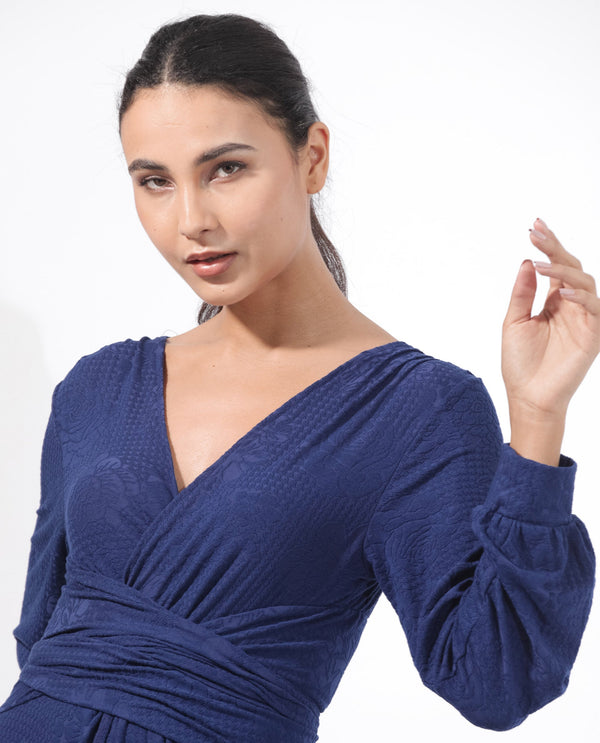 Rareism Women's Harpa Navy Polyester Fabric V-Neck Tie-Up Closure Bishop Sleeve Plain  Maxi Dress