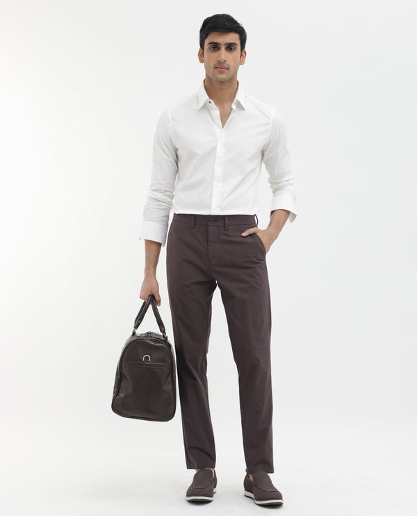Rare Rabbit Mens Harlow Brown Cotton Fabric Regular Fit Mid Rise Seersucker Trousers