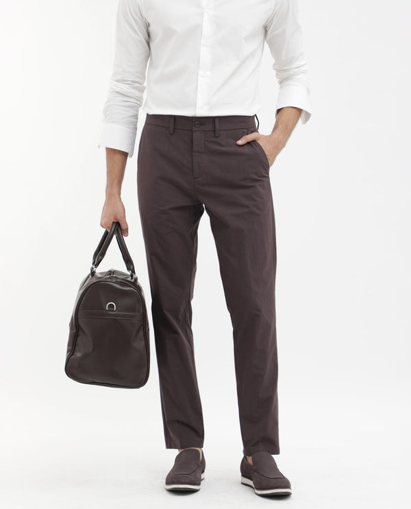 Rare Rabbit Mens Harlow Brown Cotton Fabric Regular Fit Mid Rise Seersucker Trousers