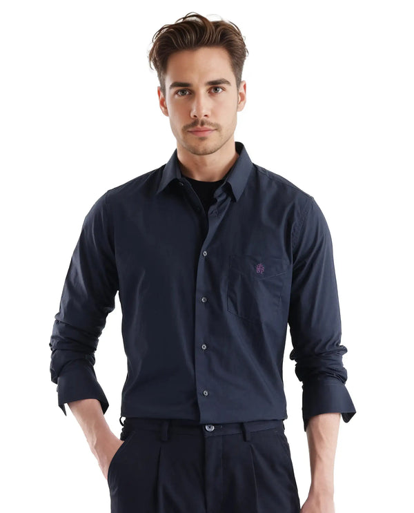 Rare Rabbit Men Harmin Navy Full Sleeve Collared Neck Button Closure Regular Fit Plain Shirt