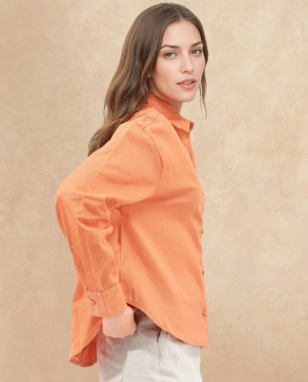 Rareism Women Harrila Orange Cotton Fabric Collared Neck Solid Regular Fit Shirt