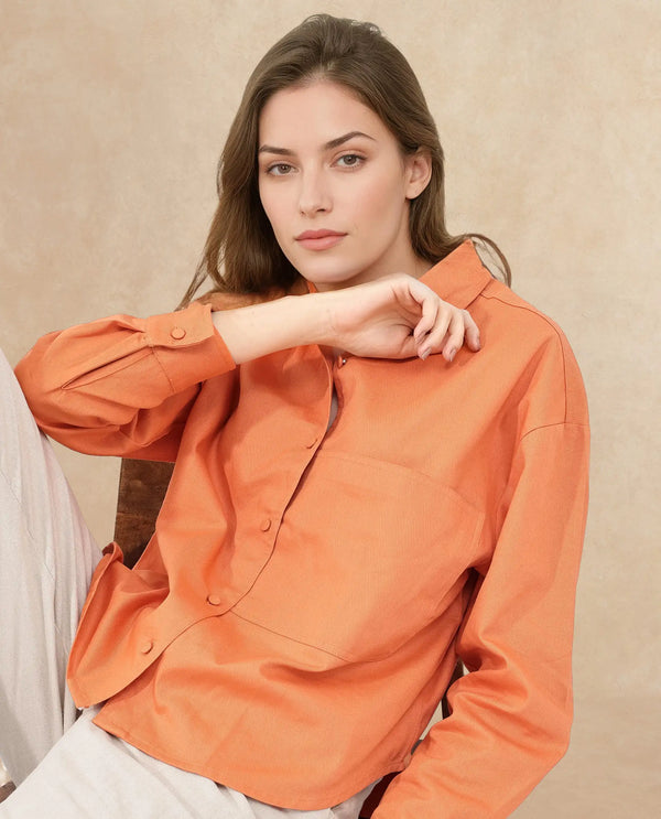 Rareism Women Harrila Orange Cotton Fabric Collared Neck Solid Regular Fit Shirt