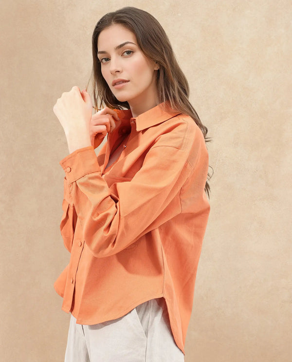Rareism Women Harrila Orange Cotton Fabric Collared Neck Solid Regular Fit Shirt
