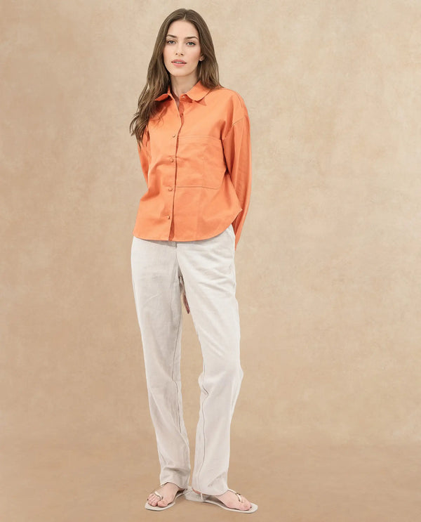 Rareism Women Harrila Orange Cotton Fabric Collared Neck Solid Regular Fit Shirt