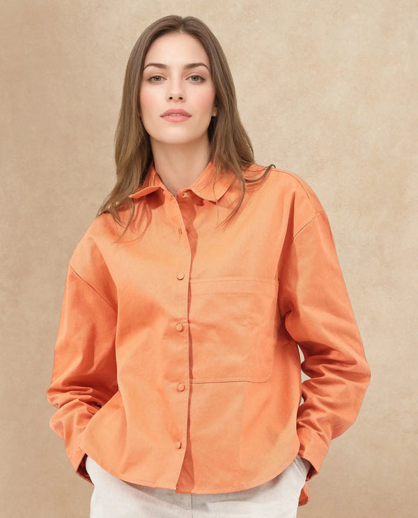 Rareism Women Harrila Orange Cotton Fabric Collared Neck Solid Regular Fit Shirt