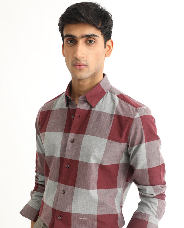 Rare Rabbit Men's Harter Maroon Cotton Fabric Full Sleeves Checks Shirt