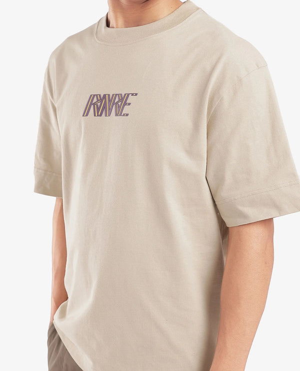 Rare Rabbit Men Harve Beige Cotton Fabric Short Sleeve Crew Neck Boxy Fit Branding Print T-Shirt