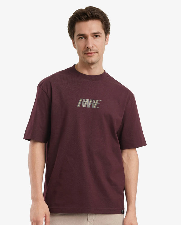 Rare Rabbit Men Harve Brown Cotton Fabric Short Sleeve Crew Neck Boxy Fit Branding Print T-Shirt