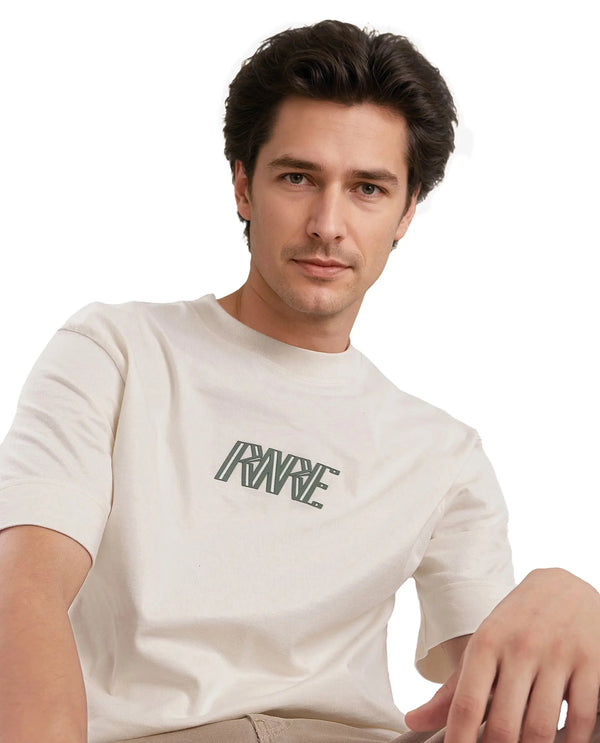 Rare Rabbit Men Harve Off White Cotton Fabric Short Sleeve Crew Neck Boxy Fit Branding Print T-Shirt