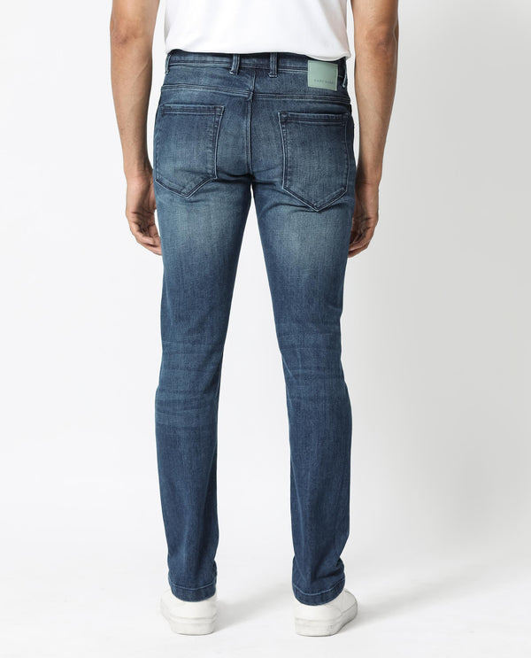 Rare Rabbit Men's Hawkins Dark Blue Mid Wash Mid-Rise Distressed Jeans