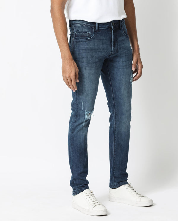 Rare Rabbit Men's Hawkins Dark Blue Mid Wash Mid-Rise Distressed Jeans