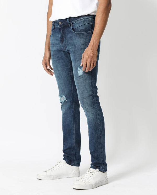 Rare Rabbit Men's Hawkins Dark Blue Mid Wash Mid-Rise Distressed Jeans