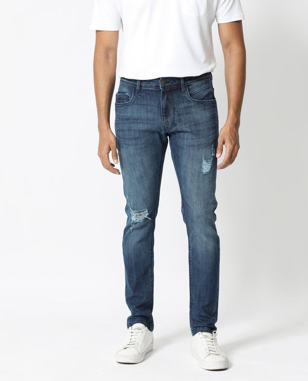 Rare Rabbit Men's Hawkins Dark Blue Mid Wash Mid-Rise Distressed Jeans