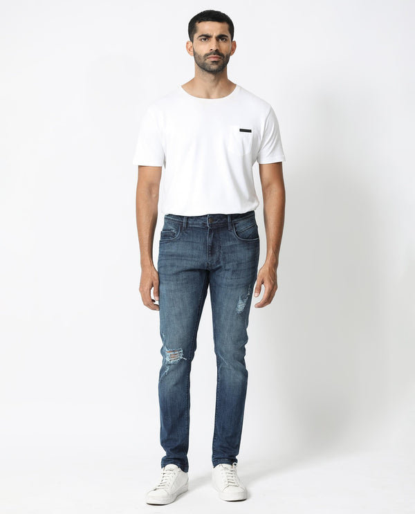 Rare Rabbit Men's Hawkins Dark Blue Mid Wash Mid-Rise Distressed Jeans