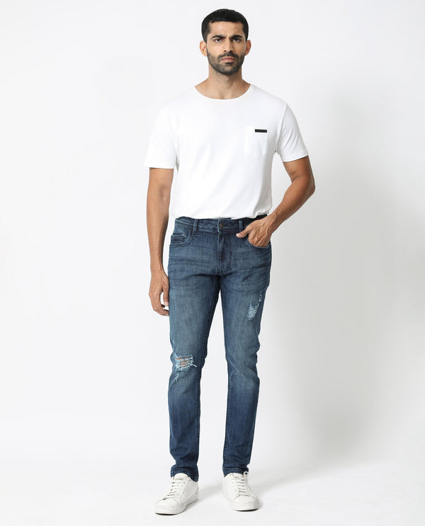 Rare Rabbit Men's Hawkins Dark Blue Mid Wash Mid-Rise Distressed Jeans