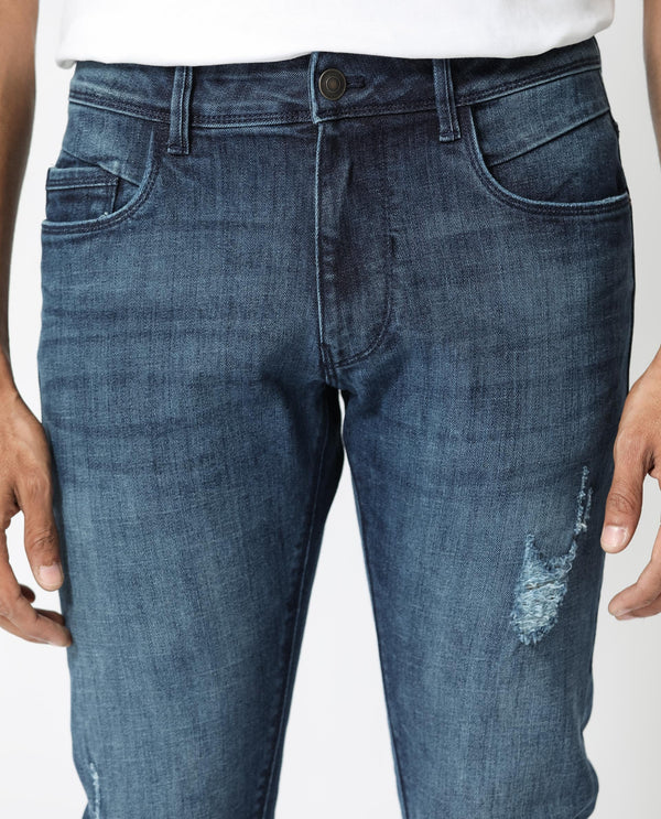 Rare Rabbit Men's Hawkins Dark Blue Mid Wash Mid-Rise Distressed Jeans