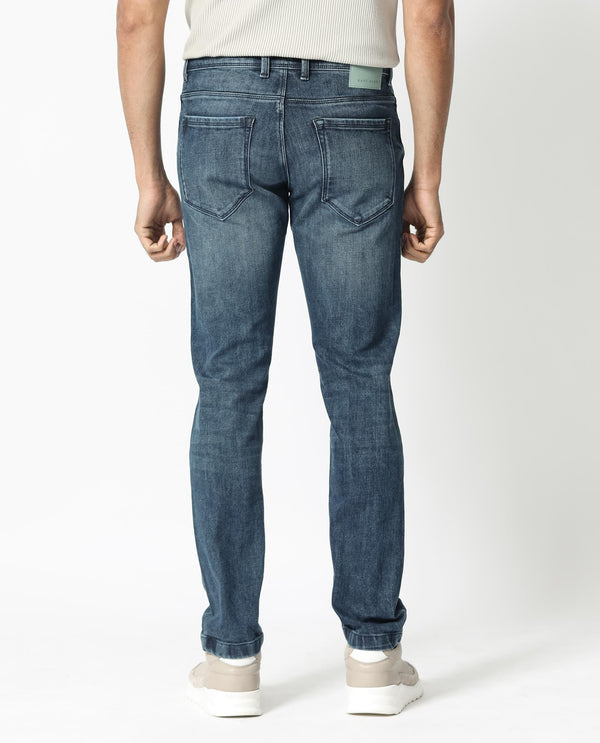 Rare Rabbit Men's Hawkins Dusky Blue Mid Wash Mid-Rise Slim Fit Jeans