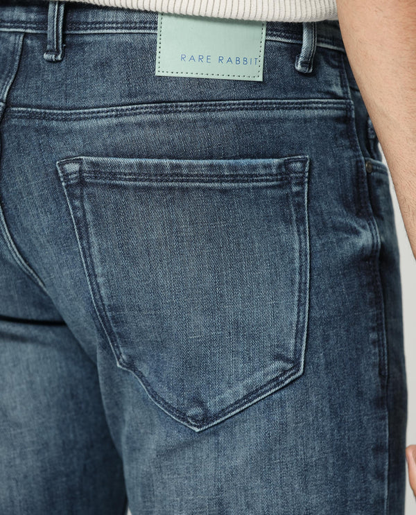 Rare Rabbit Men's Hawkins Dusky Blue Mid Wash Mid-Rise Slim Fit Jeans