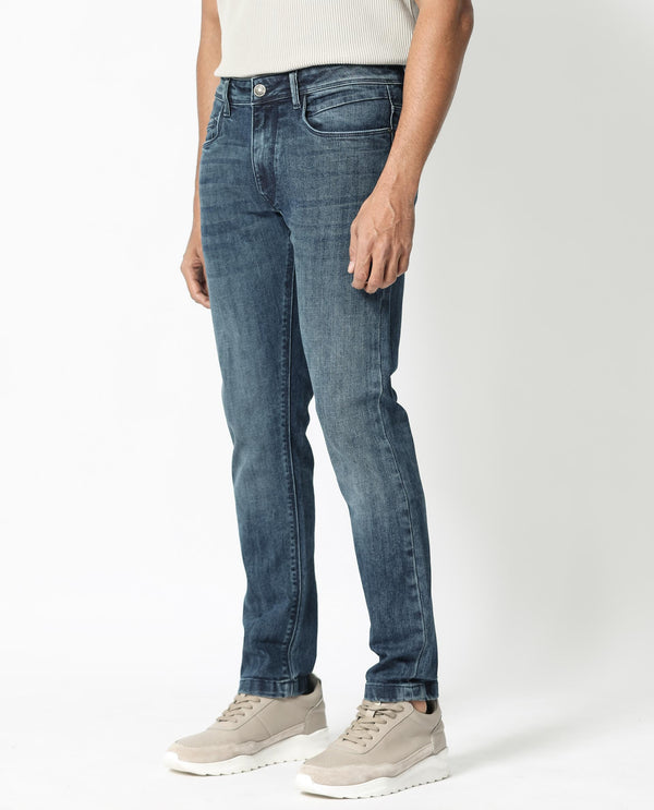 Rare Rabbit Men's Hawkins Dusky Blue Mid Wash Mid-Rise Slim Fit Jeans