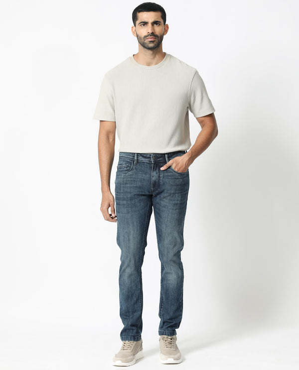 Rare Rabbit Men's Hawkins Dusky Blue Mid Wash Mid-Rise Slim Fit Jeans