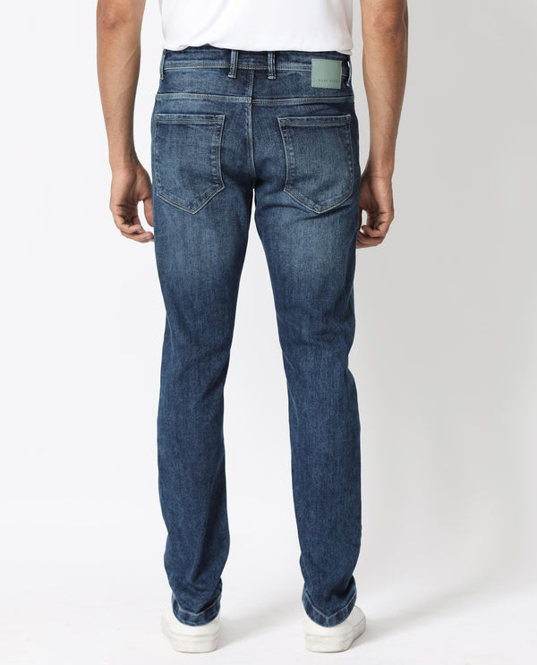Rare Rabbit Men's Hawkins Light Blue Mid Wash Mid-Rise Distressed Slim Fit Jeans