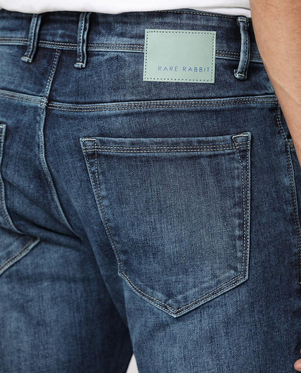 Rare Rabbit Men's Hawkins Light Blue Mid Wash Mid-Rise Distressed Slim Fit Jeans