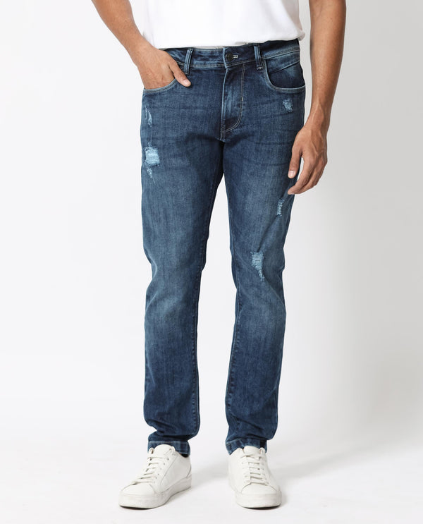 Rare Rabbit Men's Hawkins Light Blue Mid Wash Mid-Rise Distressed Slim Fit Jeans