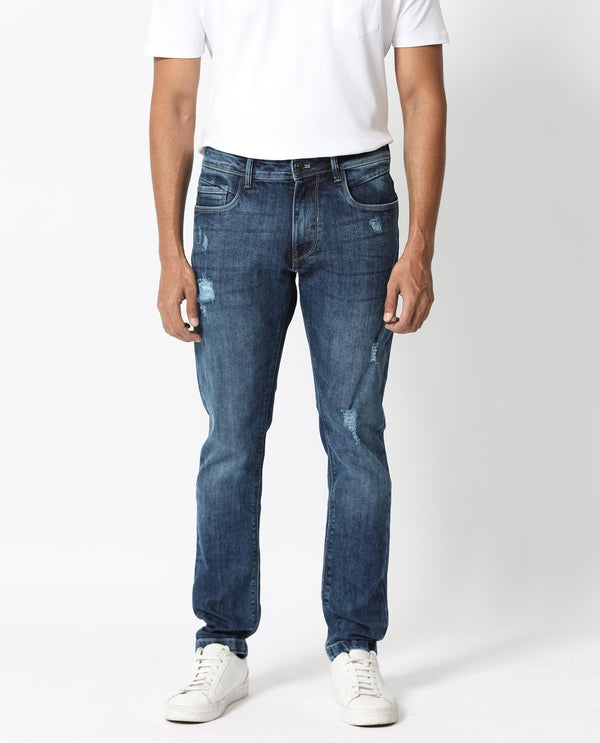 Rare Rabbit Men's Hawkins Light Blue Mid Wash Mid-Rise Distressed Slim Fit Jeans