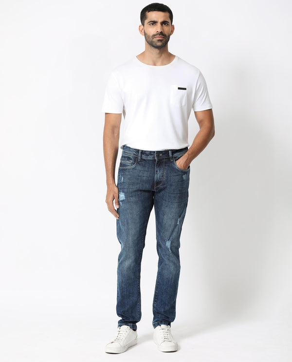 Rare Rabbit Men's Hawkins Light Blue Mid Wash Mid-Rise Distressed Slim Fit Jeans