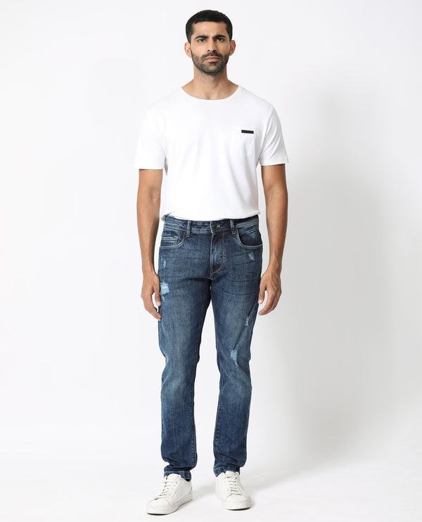 Rare Rabbit Men's Hawkins Light Blue Mid Wash Mid-Rise Distressed Slim Fit Jeans