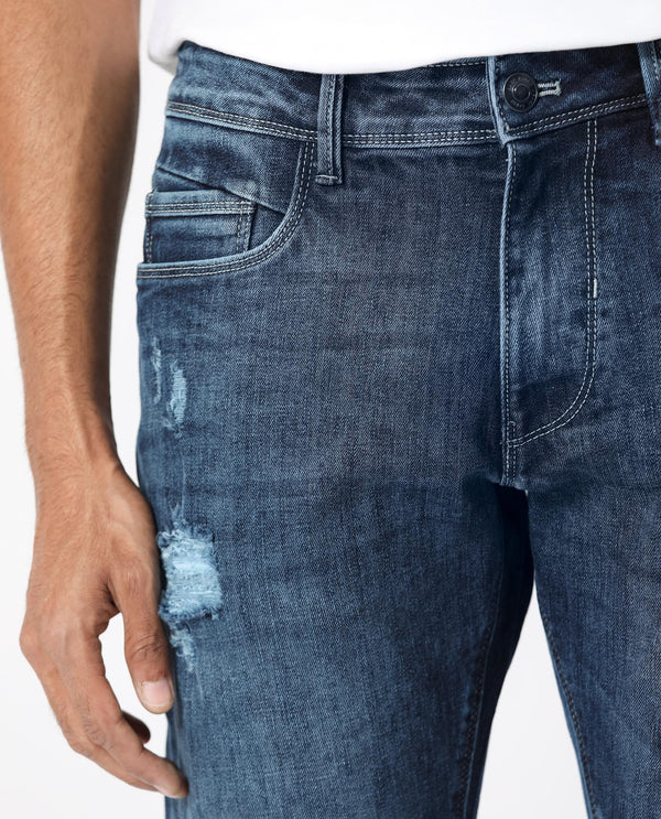 Rare Rabbit Men's Hawkins Light Blue Mid Wash Mid-Rise Distressed Slim Fit Jeans