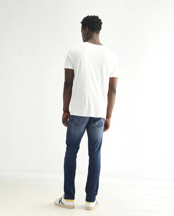 Rare Rabbit Men's Hawkins Dark Blue Mid Wash Mid-Rise Distressed Jeans