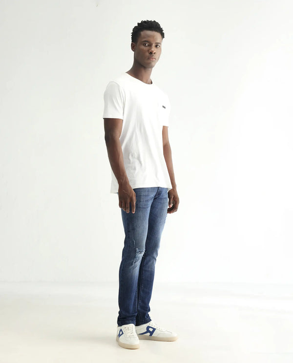 Rare Rabbit Men's Hawkins Dark Blue Mid Wash Mid-Rise Distressed Jeans