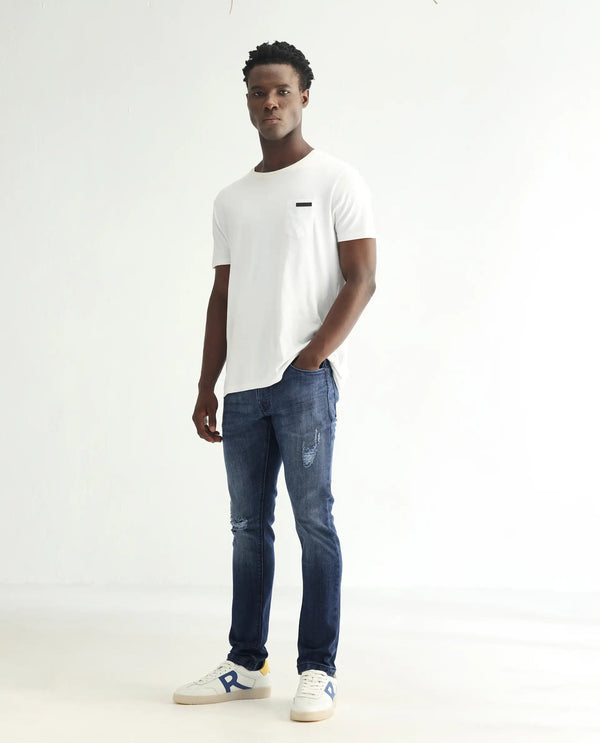 Rare Rabbit Men's Hawkins Dark Blue Mid Wash Mid-Rise Distressed Jeans
