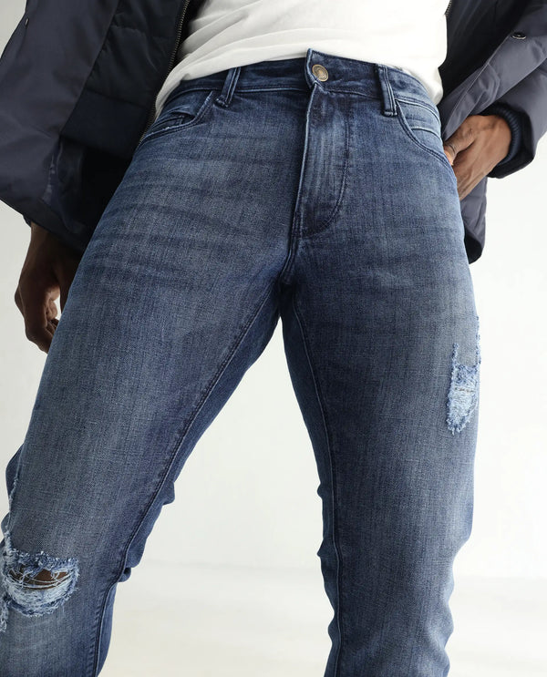 Rare Rabbit Men's Hawkins Dark Blue Mid Wash Mid-Rise Distressed Jeans