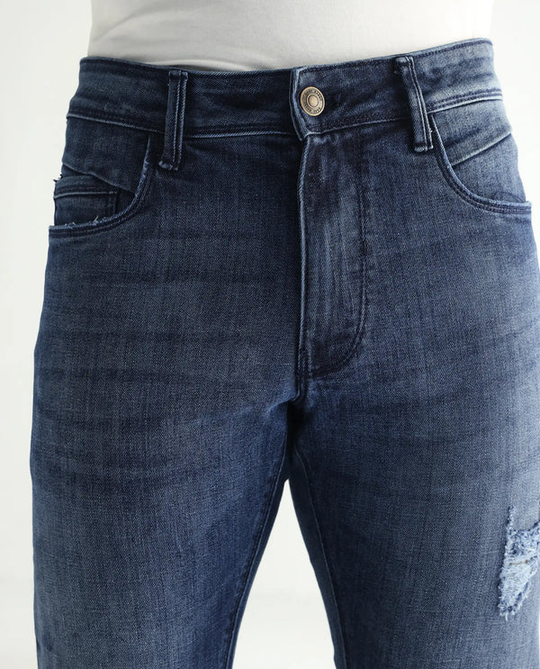 Rare Rabbit Men's Hawkins Dark Blue Mid Wash Mid-Rise Distressed Jeans
