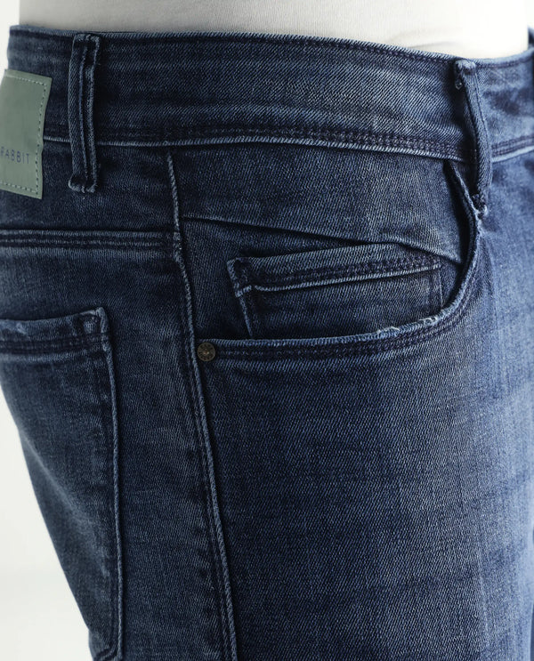 Rare Rabbit Men's Hawkins Dark Blue Mid Wash Mid-Rise Distressed Jeans