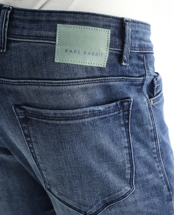 Rare Rabbit Men's Hawkins Dark Blue Mid Wash Mid-Rise Distressed Jeans